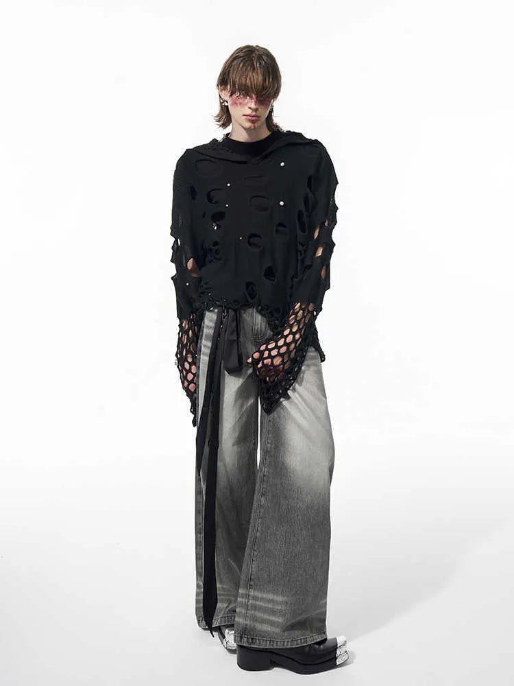 Black men's hollow knit hoodie with pearl decoration on the chest, loose fit.