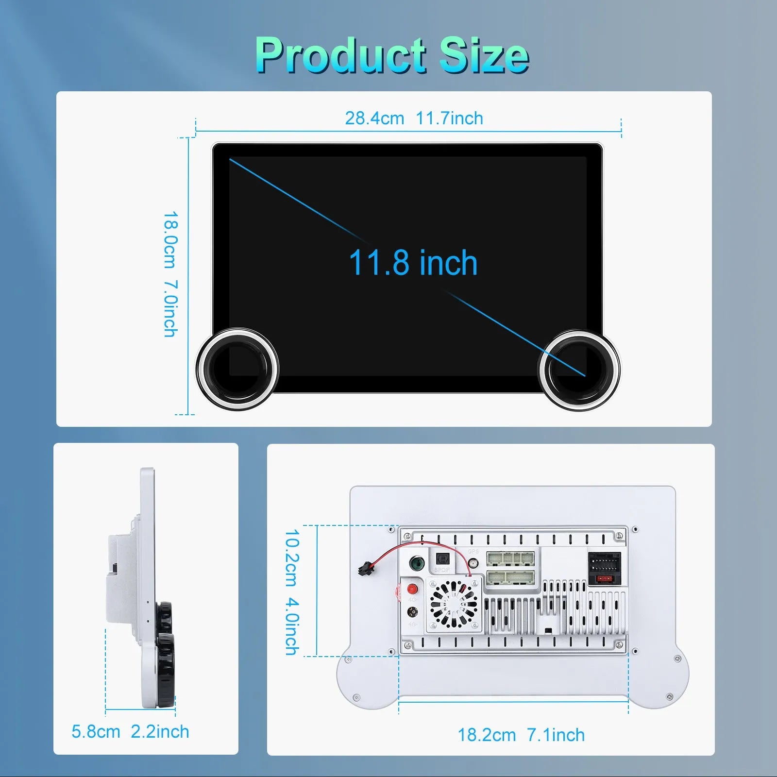 11.8-inch Android car multimedia player with dual knobs and large QLED touchscreen display