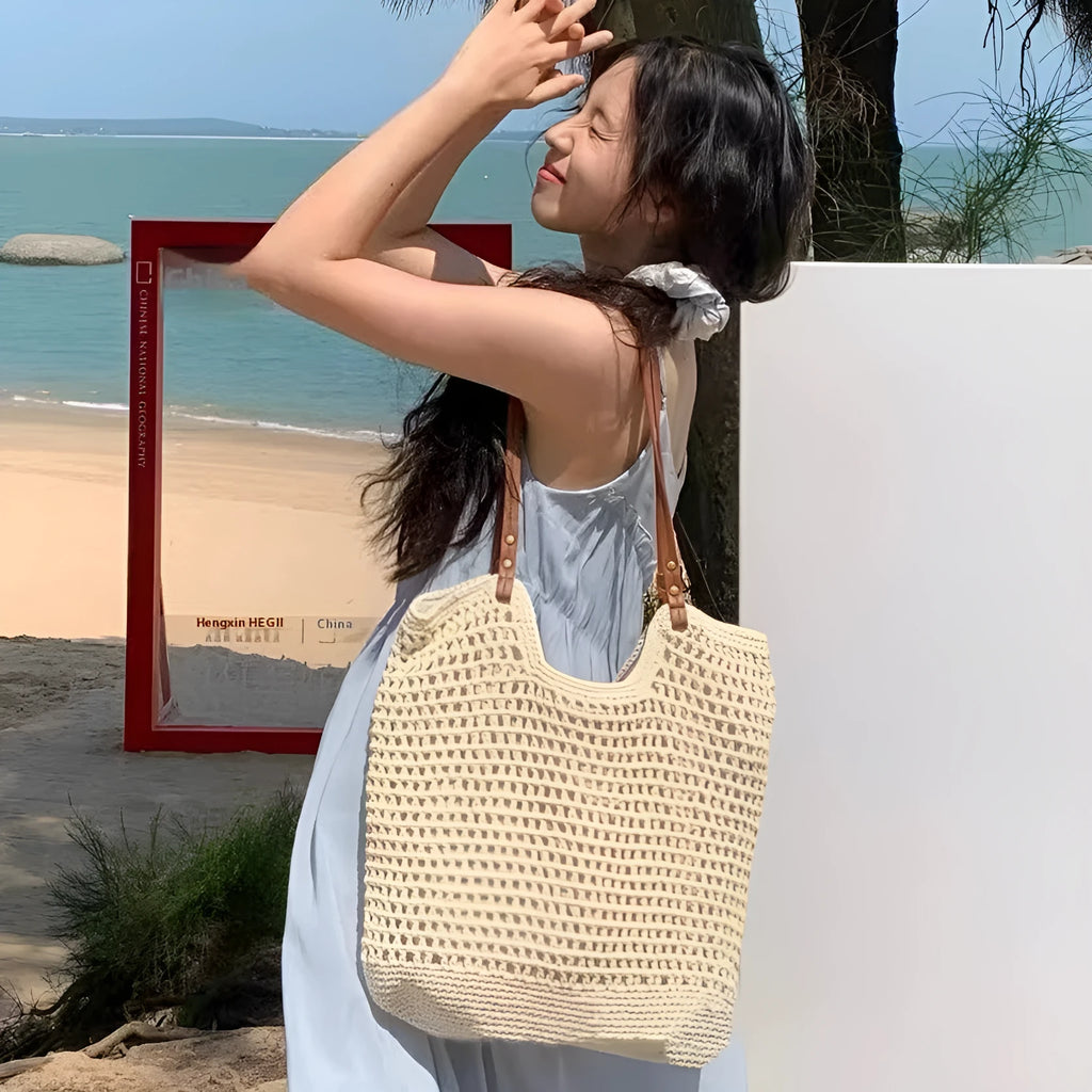Beige woven cotton linen shoulder bag with large capacity for beach holidays
