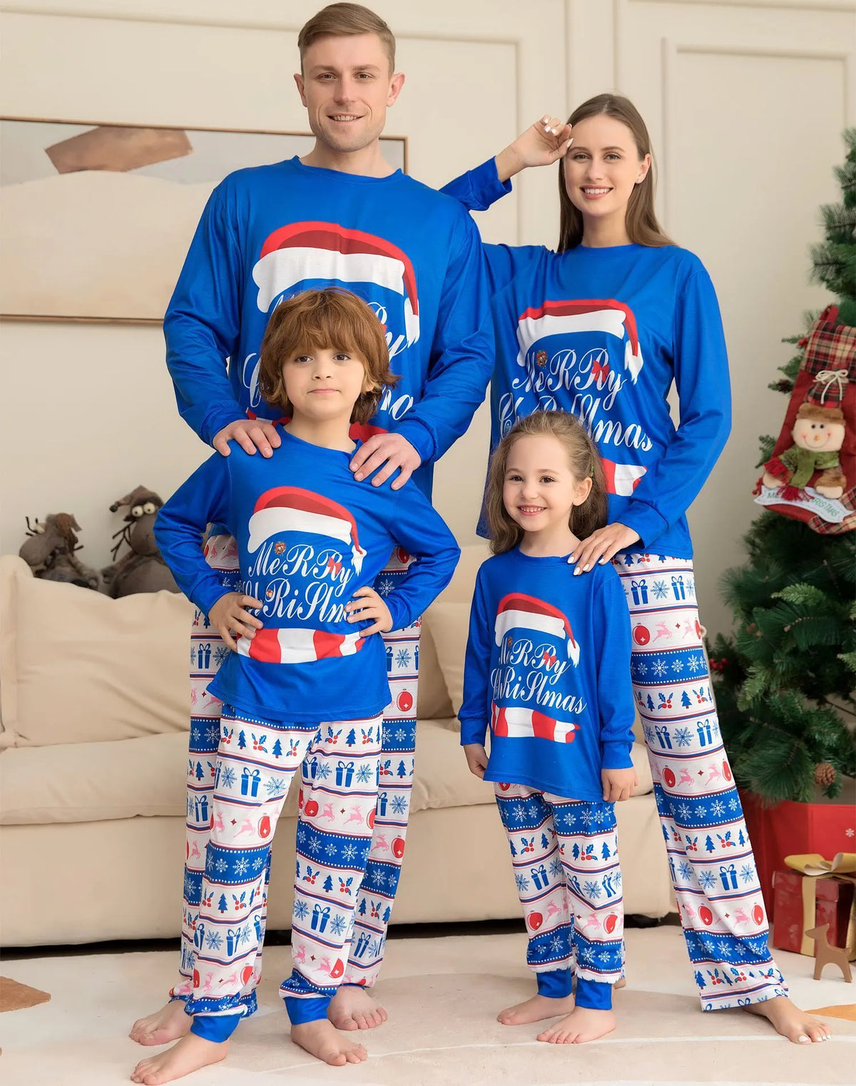 Matching family Christmas pyjamas set with letter print top and plaid pants in adult, child, baby, and dog sizes