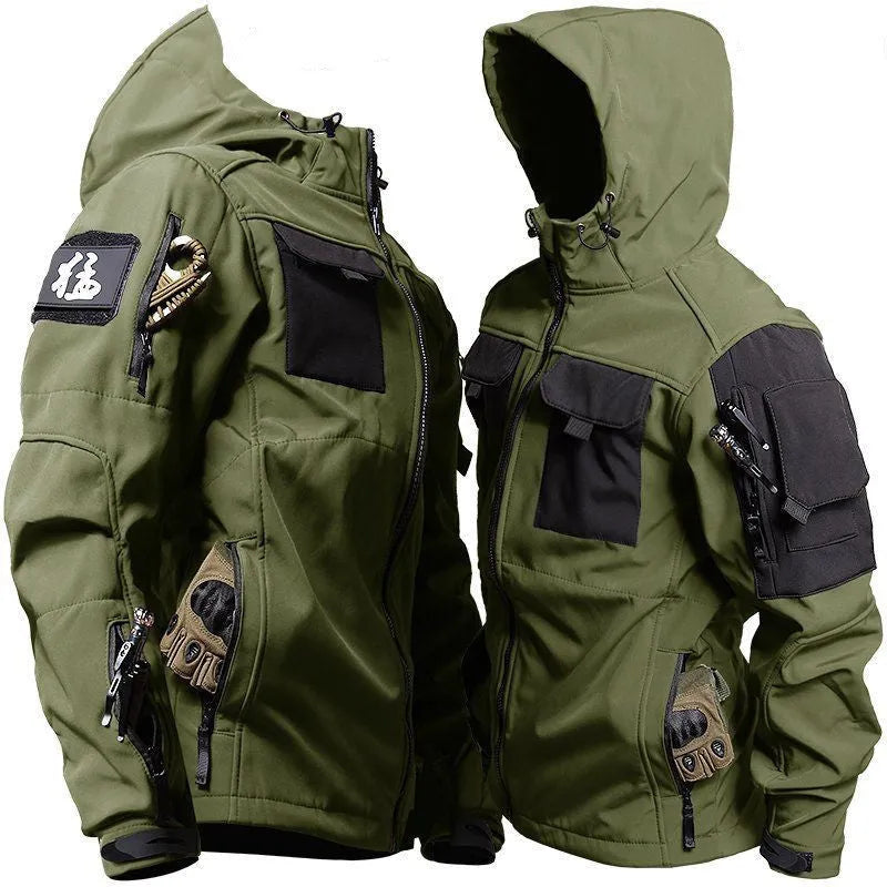 Men's hooded corduroy jacket and fleece-lined tactical trousers set in grey, black, or army green, sizes M to 3XL.