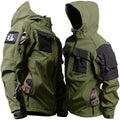 Men's hooded corduroy jacket and fleece-lined tactical trousers set in grey, black, or army green, sizes M to 3XL.