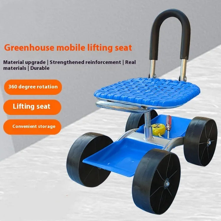 Garden mobile seat with wheels on a lawn, showing galvanized pipe frame and PP seat