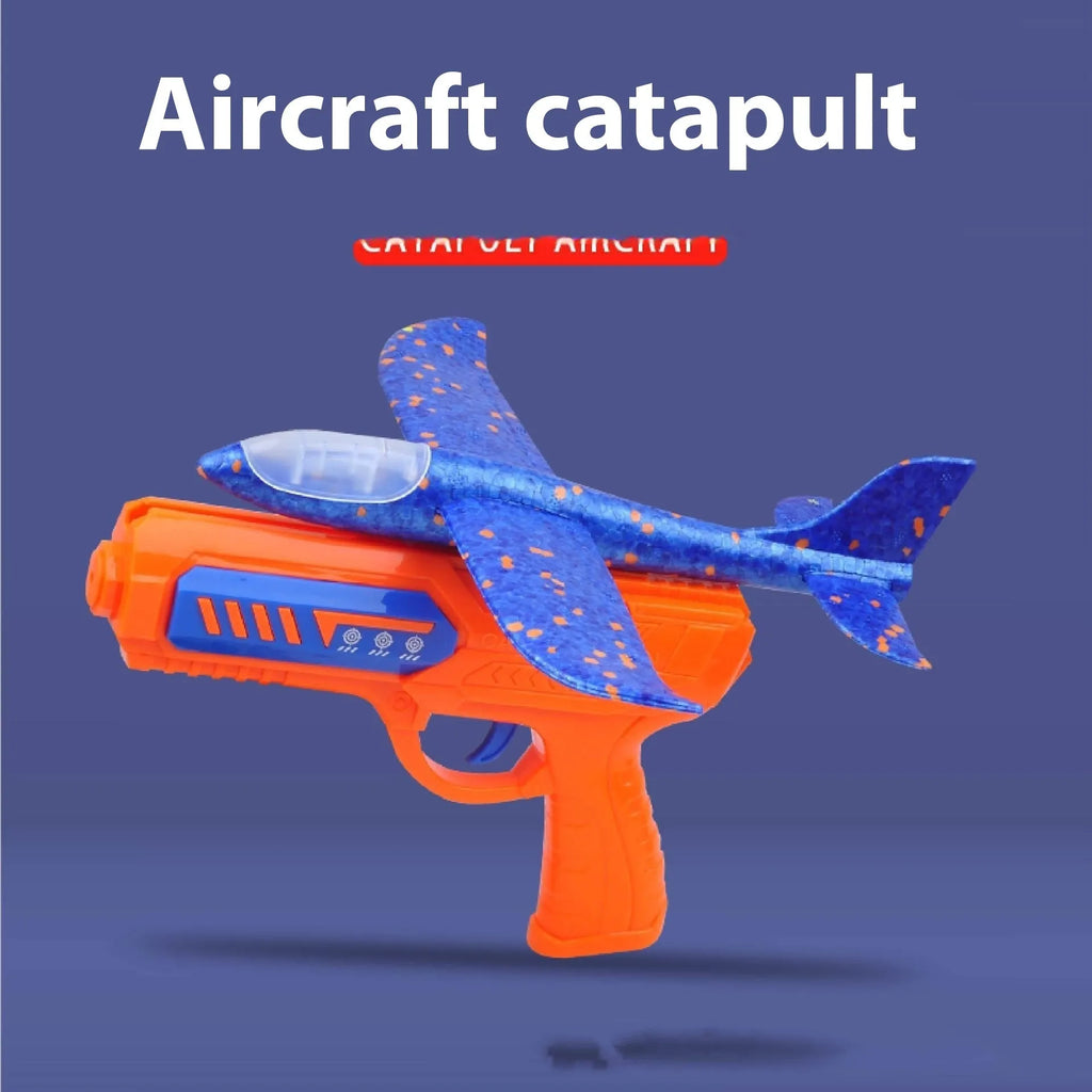 Foam ejection toy set with plastic gun launcher, airplane, and flashing lights for children aged 4-6 blue and orange options