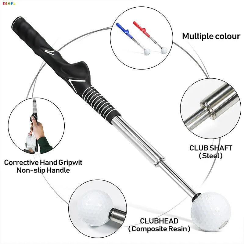 Telescopic stainless steel golf swing trainer shown extended, in black colour.