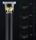 Black rechargeable electric hair clipper with gold steel blades and four guide combs