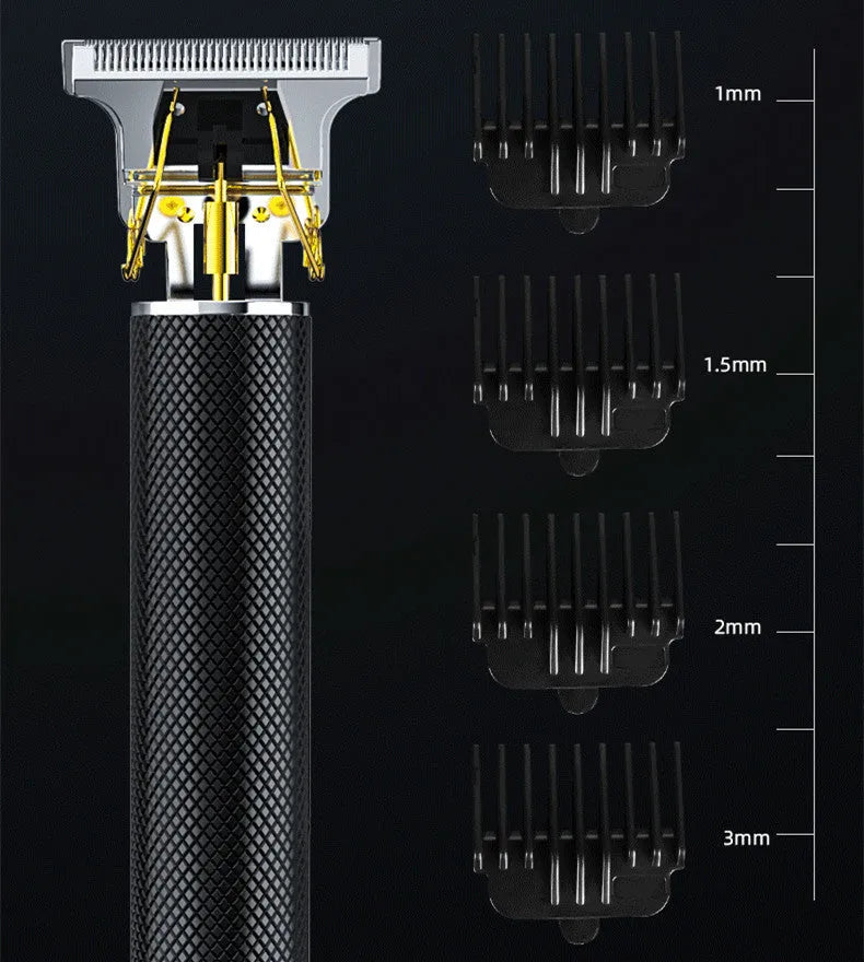 Black rechargeable electric hair clipper with gold steel blades and four guide combs
