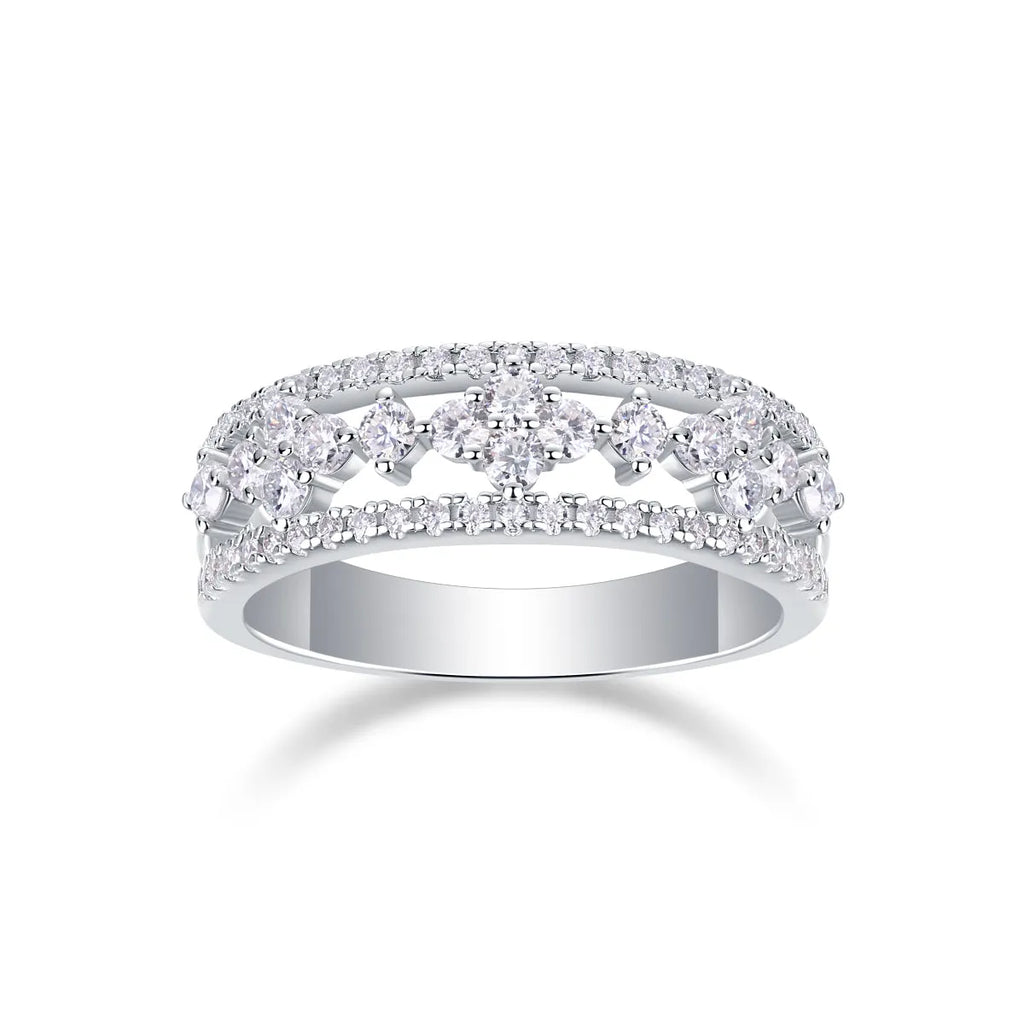 Moissanite wedding ring set on white background, S925 silver with platinum plating, ring size 7, includes GRA certificate and gift box
