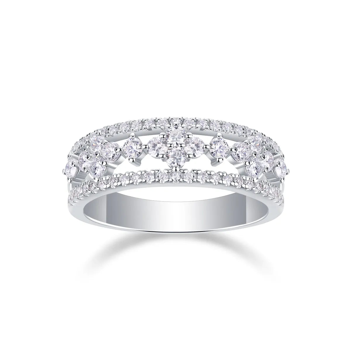 Moissanite wedding ring set on white background, S925 silver with platinum plating, ring size 7, includes GRA certificate and gift box