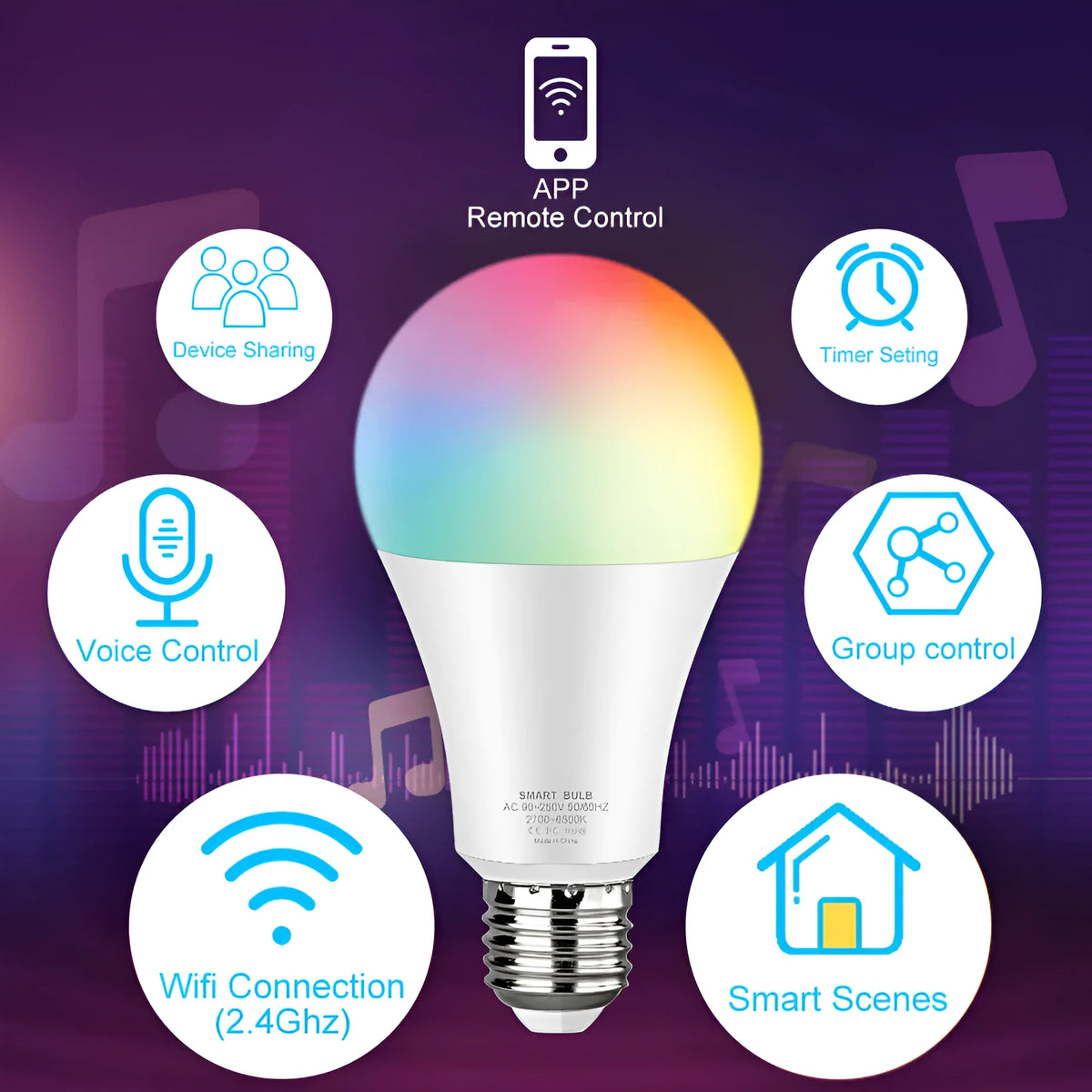 WiFi smart bulb A60 with Tuya Smart RGBCW colour tone, 9W/12W, B22 E26 E27 base, IP65, 850lm, 60mm diameter