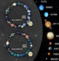 Two natural stone beaded bracelets with adjustable strings, each showing different zodiac sign designs.