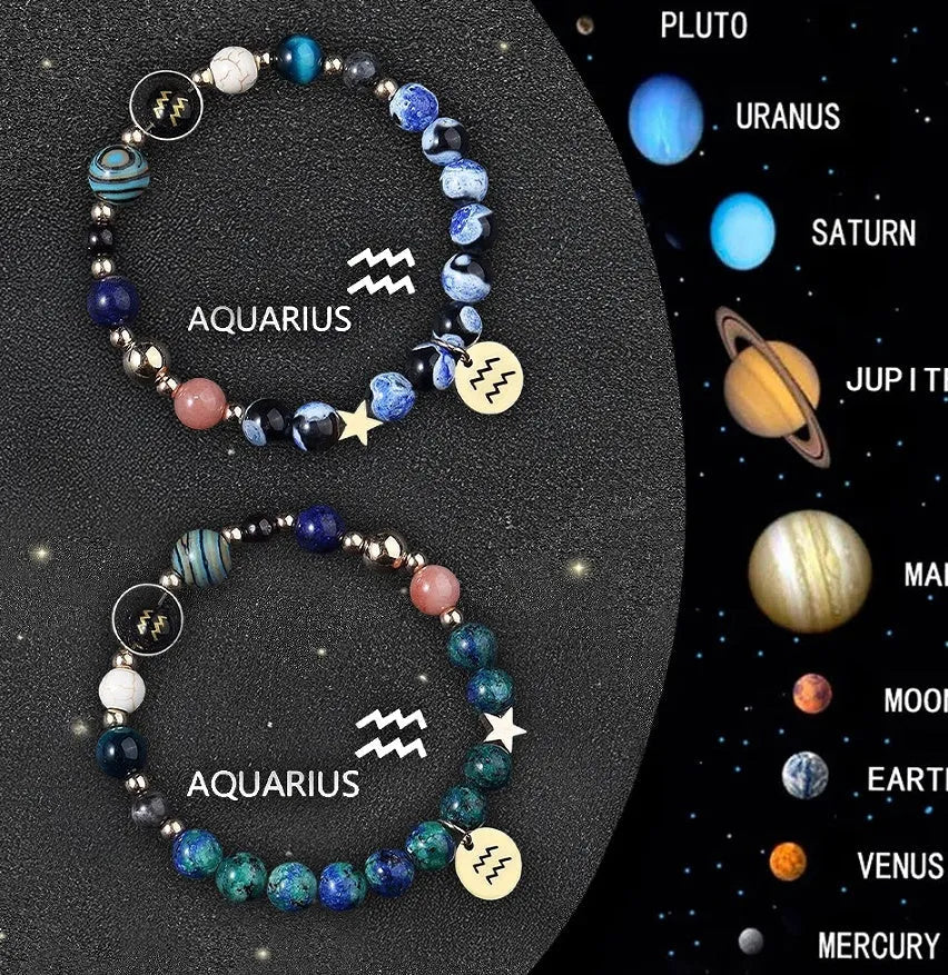 Two natural stone beaded bracelets with adjustable strings, each showing different zodiac sign designs.