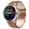 Black steel Bluetooth smart watch on a wrist showing a heart rate monitoring display.
