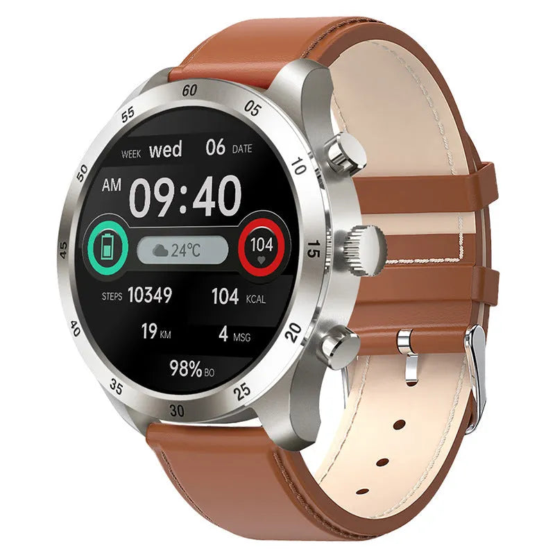 Black steel Bluetooth smart watch on a wrist showing a heart rate monitoring display.