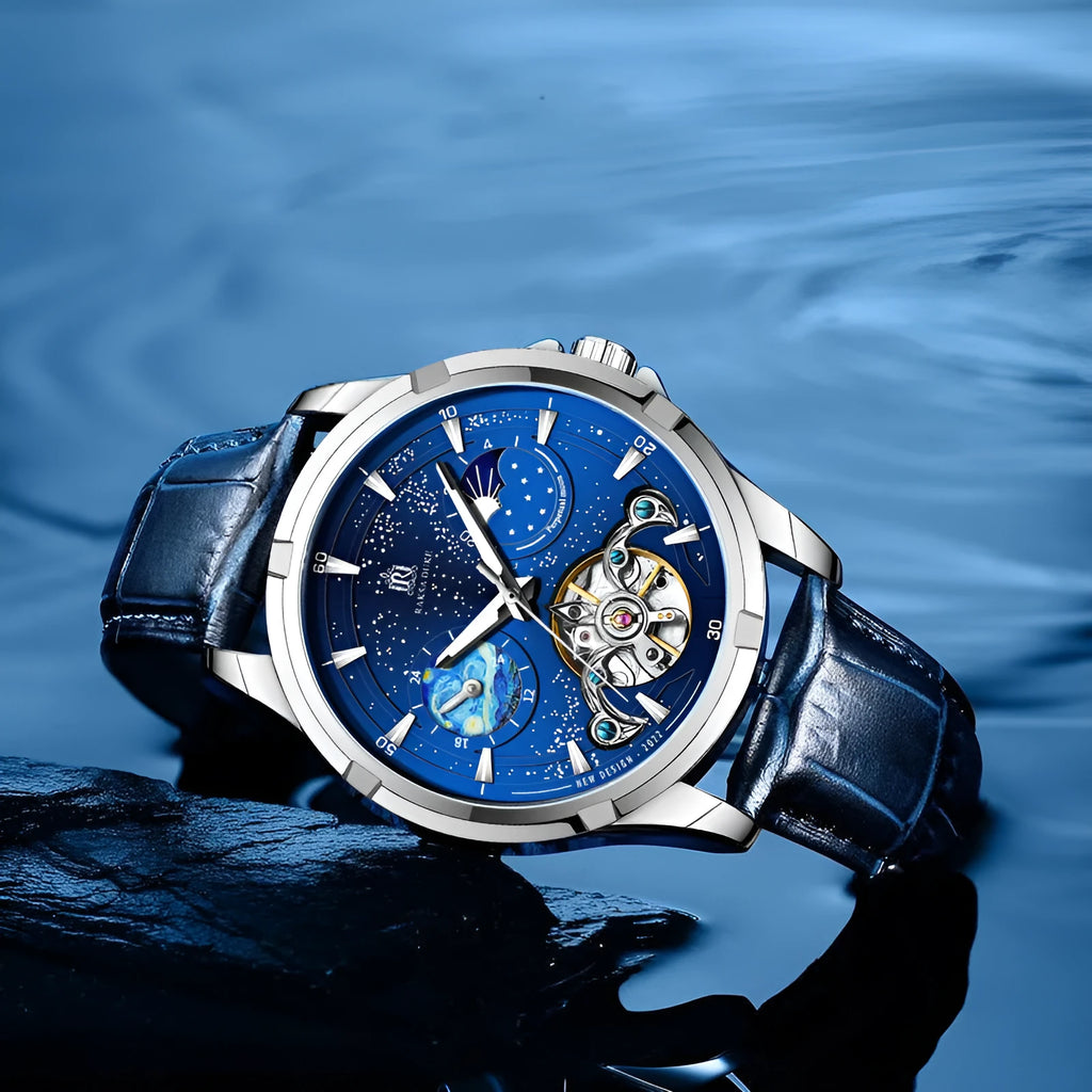 T885B blue men's automatic mechanical watch with skeleton dial showing internal movement