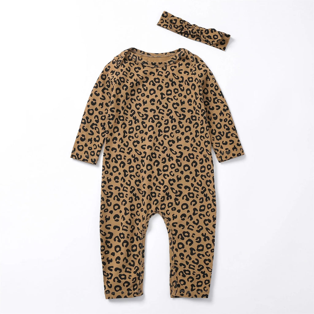 Brown leopard print cotton long-sleeved baby jumpsuit with matching headband