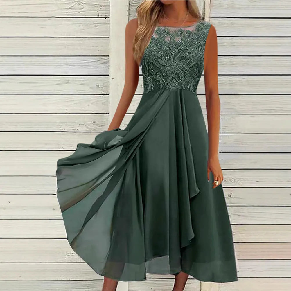 Women's sleeveless green chiffon dress with lace embroidery and a mid-length flowy skirt.