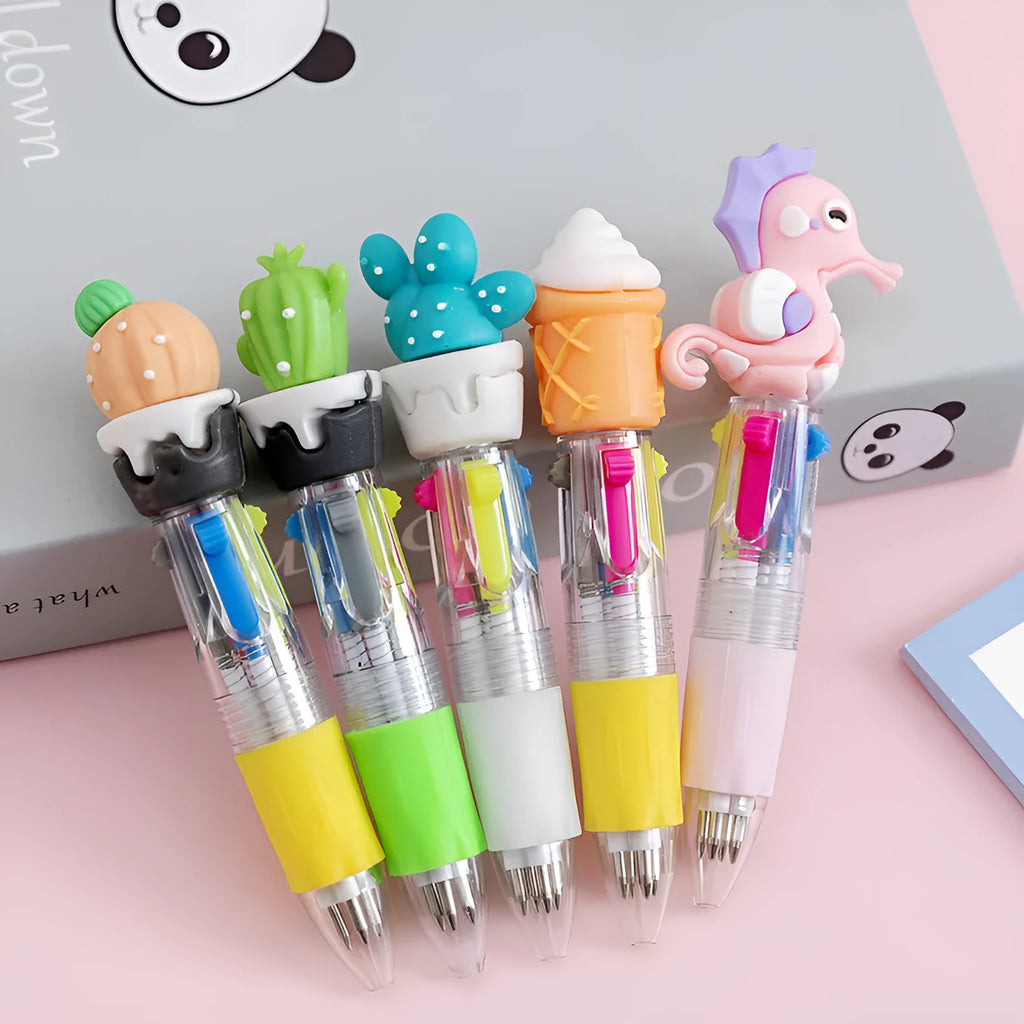 Four-colour press ballpoint pen with cartoon design showing cactus, fast food, and fruit vegetable patterns