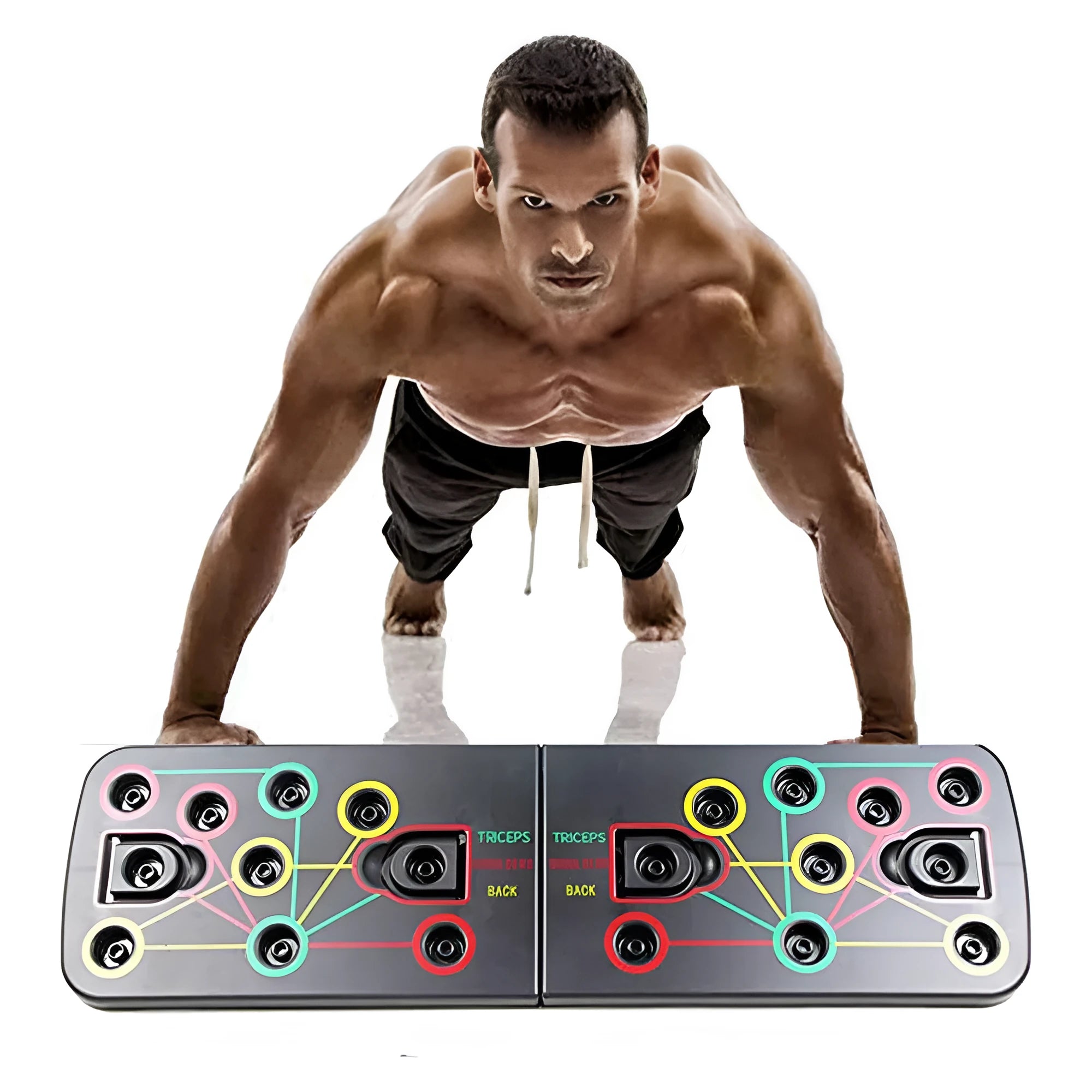 Multifunctional push-up folding board with pull rope combination bracket on a floor