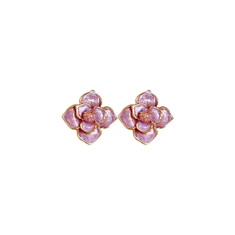 Gold plated purple flower stud earrings with copper base and fresh floral style on silver needle