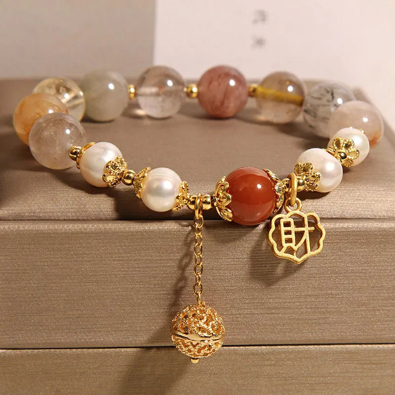 Women's adjustable crystal pearl bracelet with colourful beads and Chinese character charm