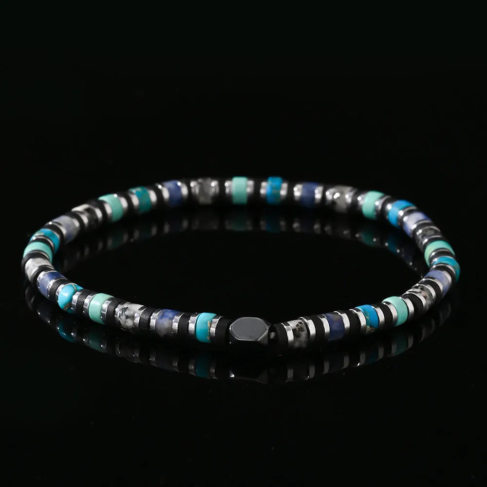 Bohemian cylindrical bracelet with hand-woven semi-precious stones in geometric design