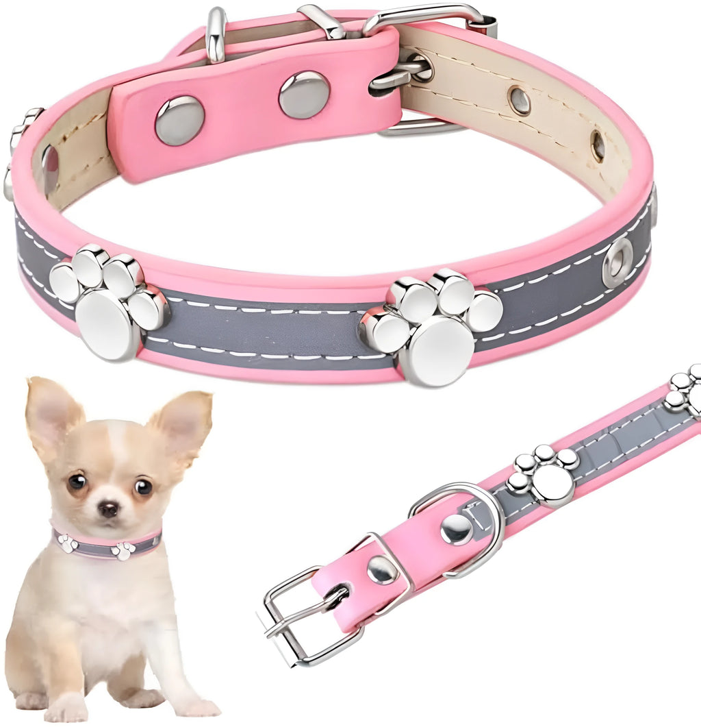 Reflective leather dog collar with paw-shaped rivets and adjustable metal buckle