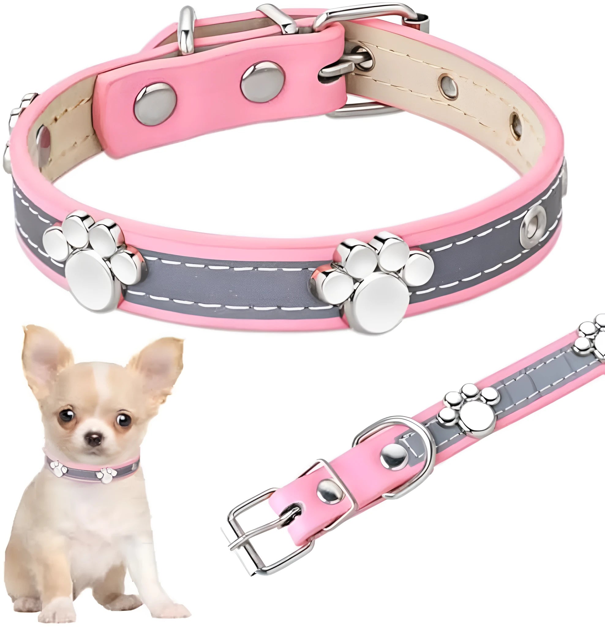 Reflective leather dog collar with paw-shaped rivets and adjustable metal buckle