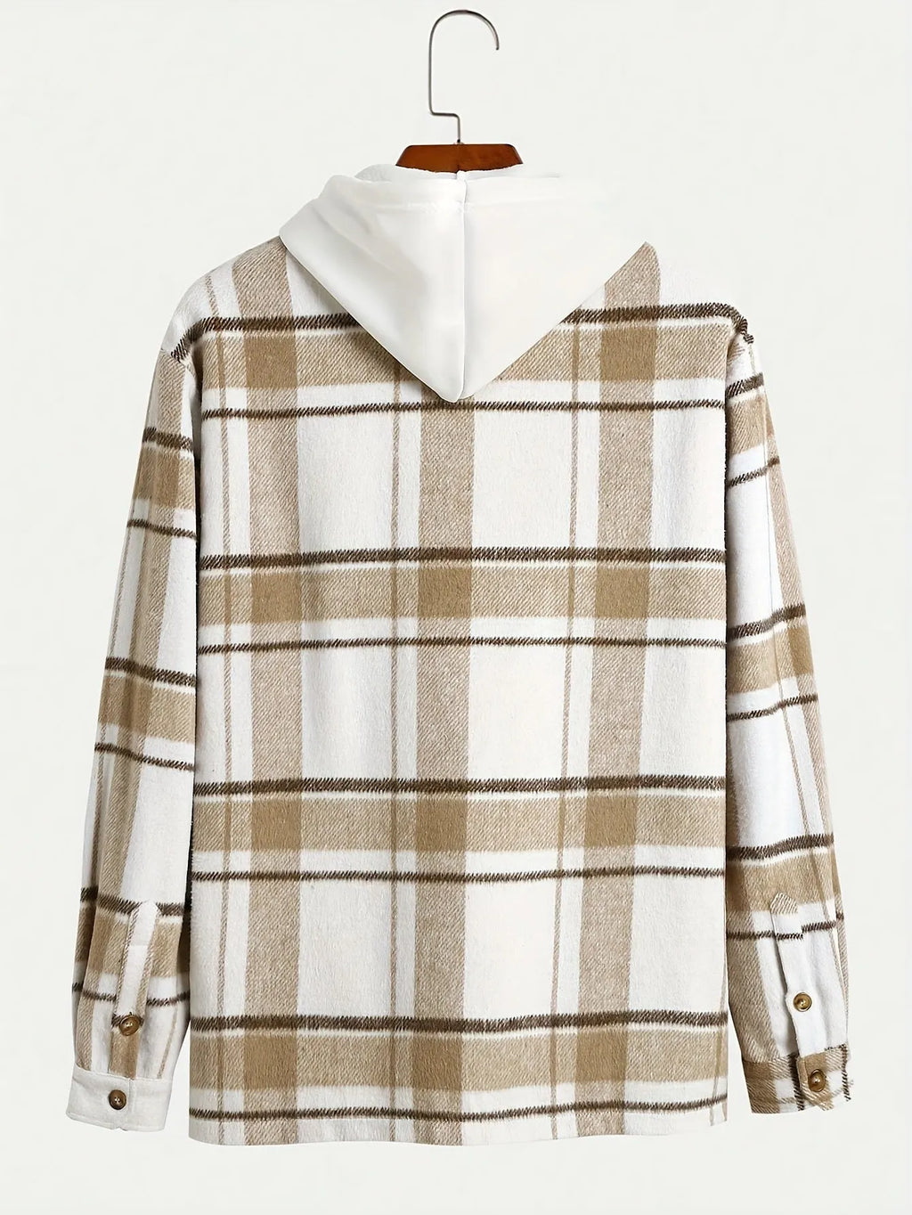 Men's plaid cardigan shirt, long sleeve, loose fit, dark khaki cloth colour, spandex fabric, sizes S-XXL