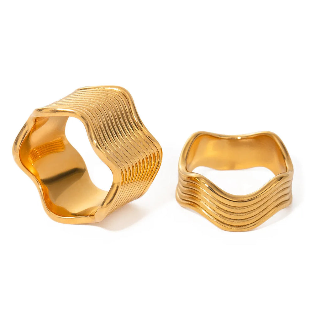 Stainless steel geometric wide band ring with a wave pattern design, shown in an electroplated colour finish.