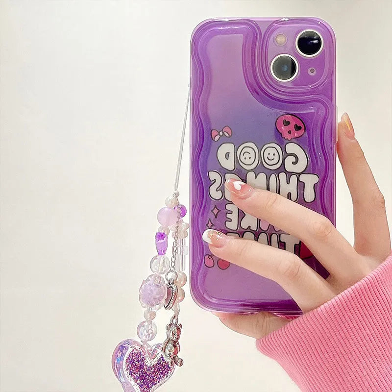 Purple graffiti English love design iPhone case with attached chain bracelet and pendant