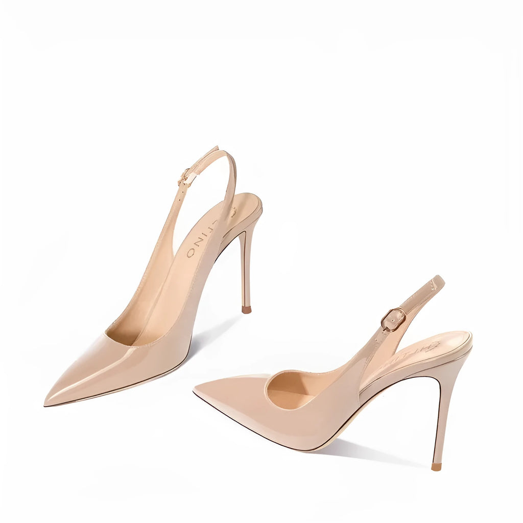 Women's nude high heels with hollow ankle strap and button fastening, 10cm heel