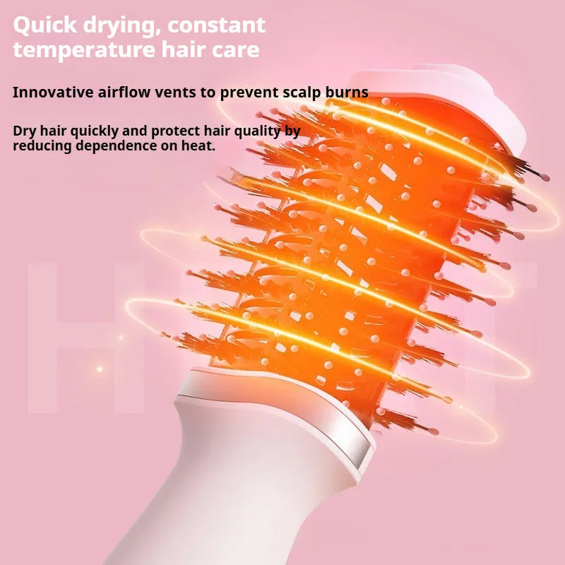 Pink multifunctional hair dryer with integrated comb and curling attachment showing constant temperature technology