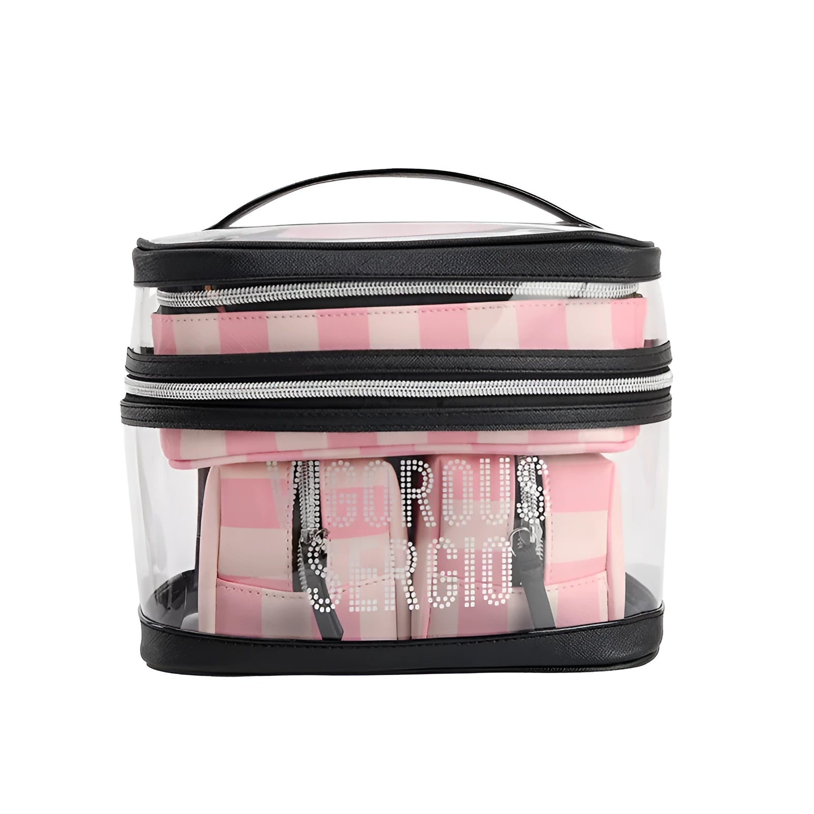 Pink bold stripes floral pattern waterproof synthetic leather foldable makeup bag with nylon lining