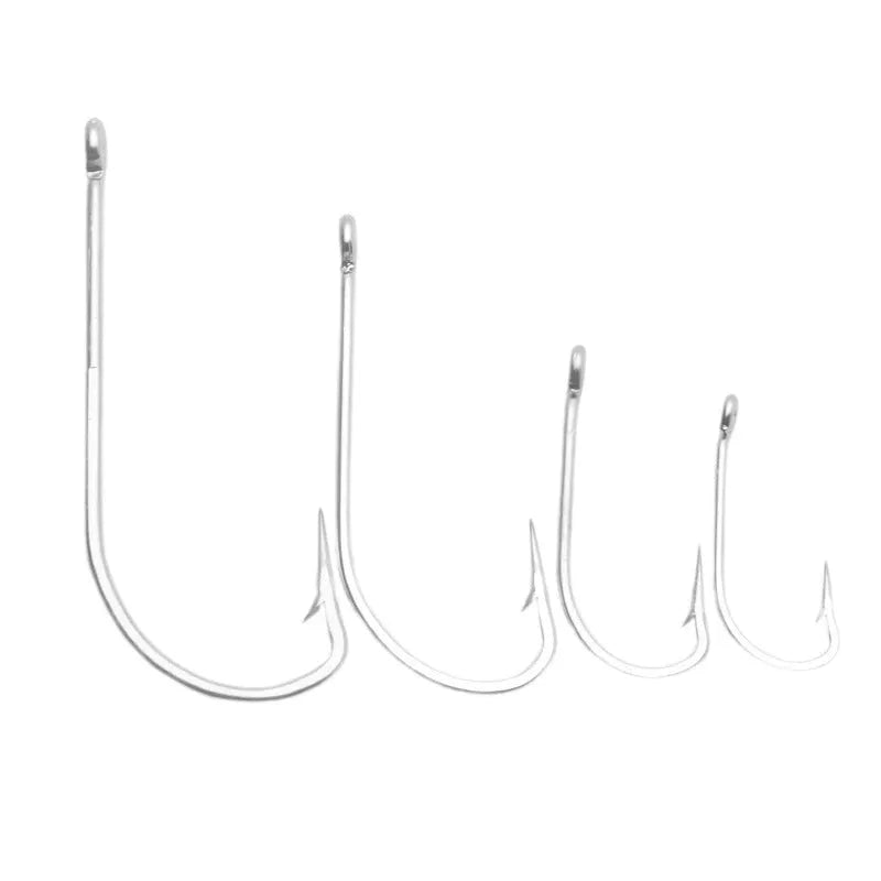 Assortment of alloy sea fishing hooks in various sizes from Style1 to Style14 on a blue background