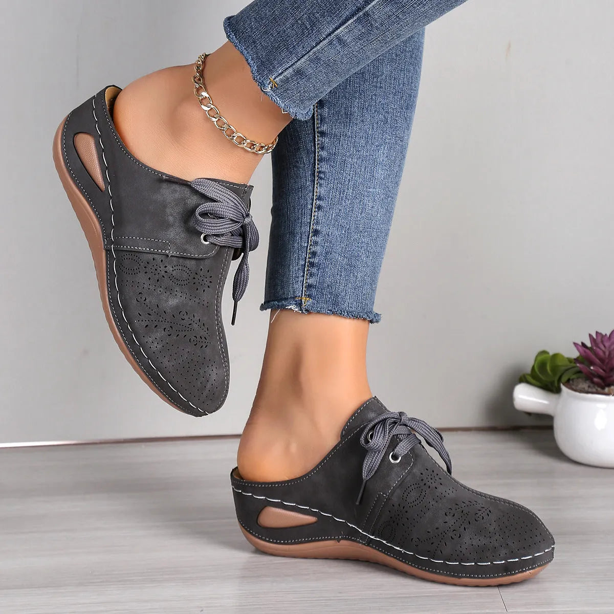 Women's lace-up baotou slippers with hollow-out wedge design in suede and rubber materials
