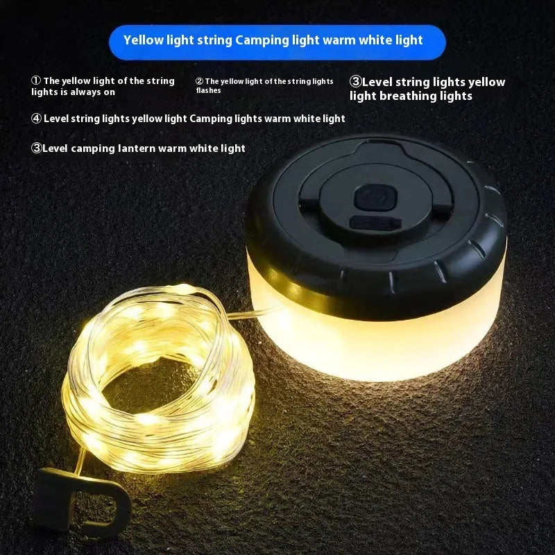Rechargeable outdoor LED string lights with 30 beads on an 8m cord, showing warm white and colour-changing modes.