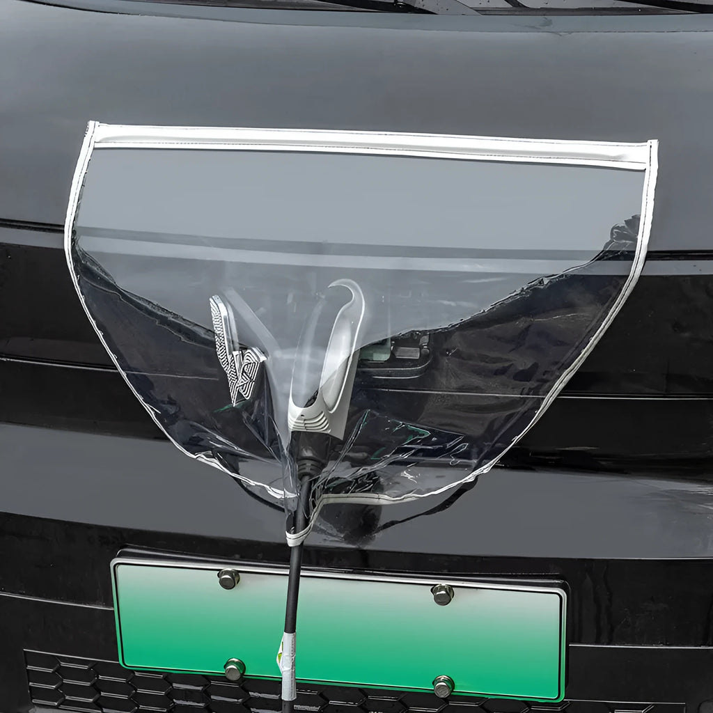 Black waterproof PVC rain cover for electric vehicle charging gun, shown with magnetic strips.