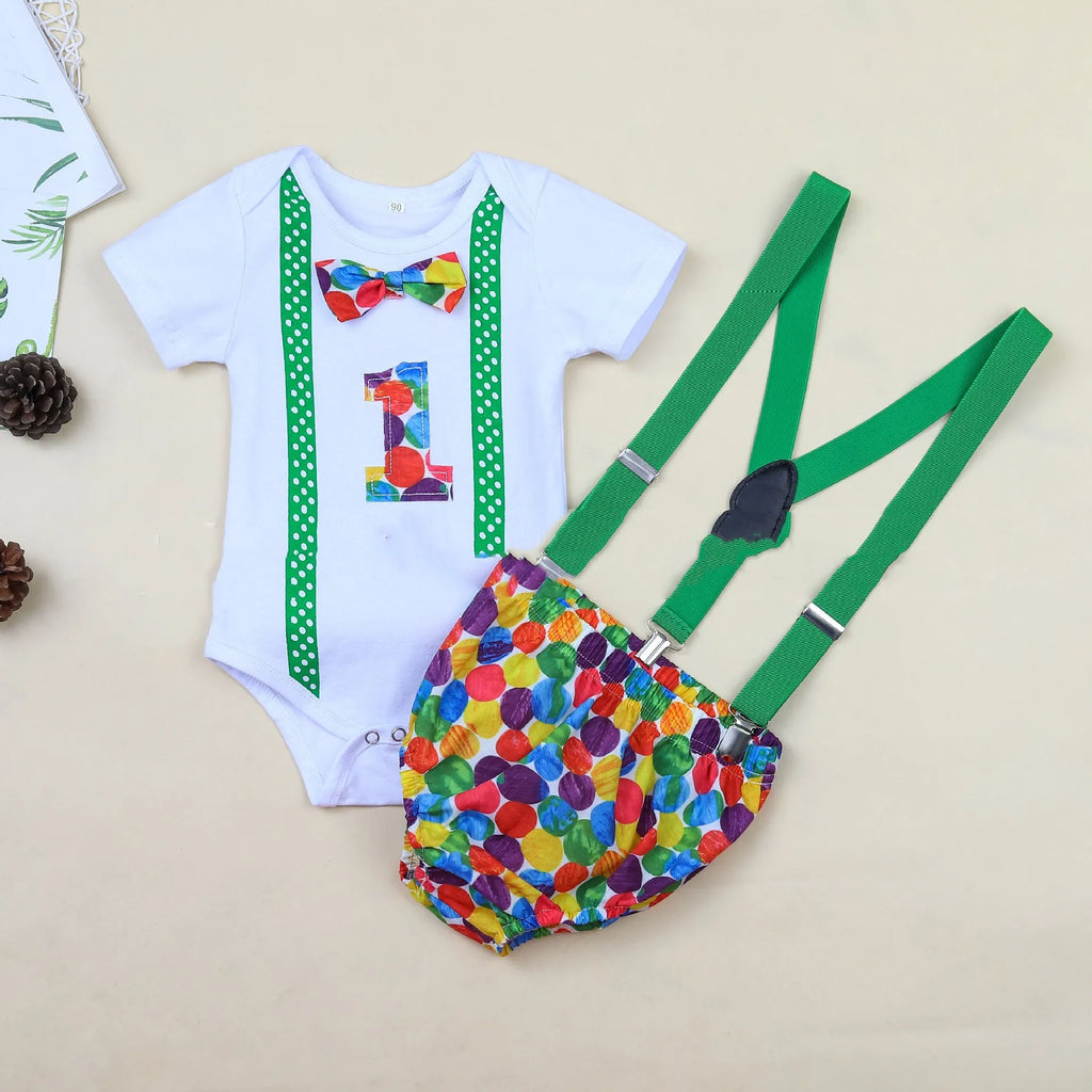 Cotton baby romper overalls in dinosaur print or dot patterns with shorts length and decorative straps