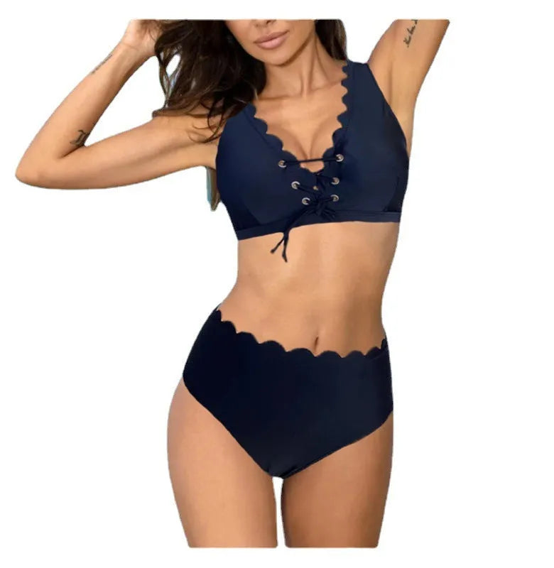 Women's high-waisted split swimsuit in solid colour with polyester fabric