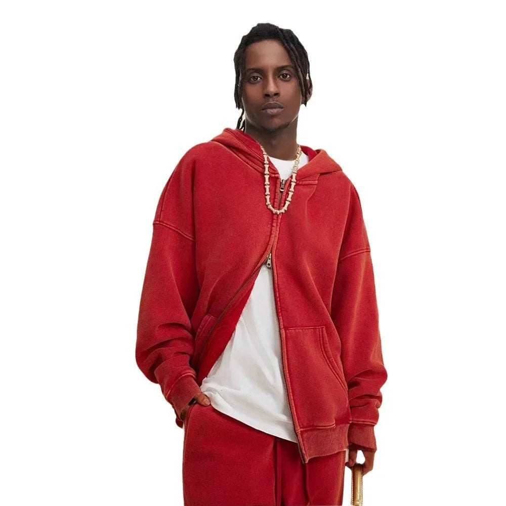 Men's vintage-style cotton hooded cardigan in washed colours with double zipper front