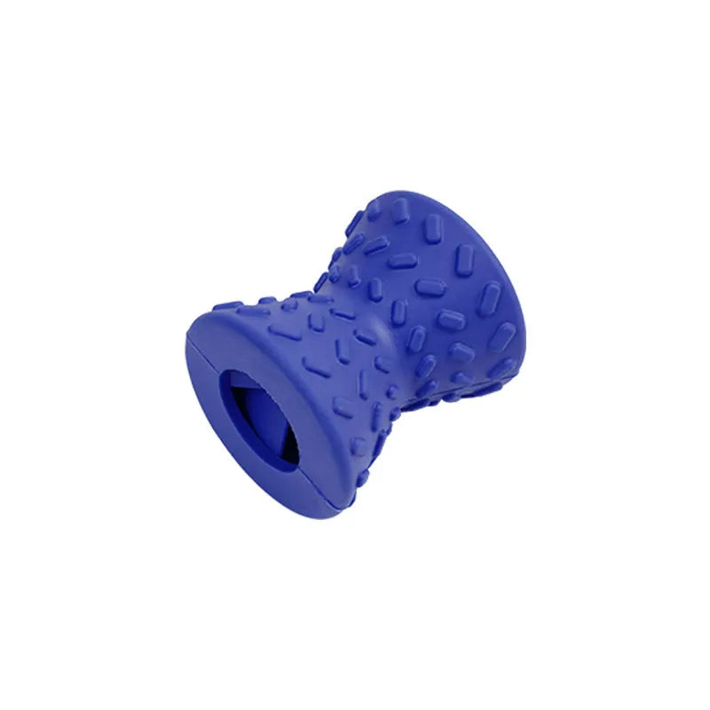 Blue natural rubber hollow bone dog toy with treat leakage holes for aggressive chewers.