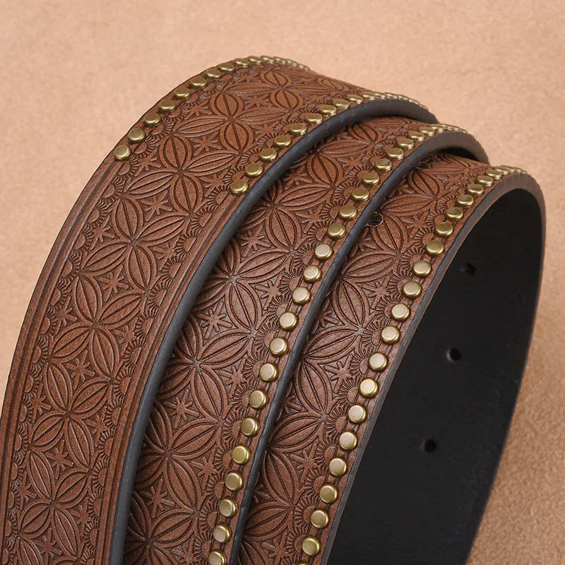 Men's faux leather belt with embossed rivets and alloy buckle, available in black, brown and dark brown, 105-125cm.