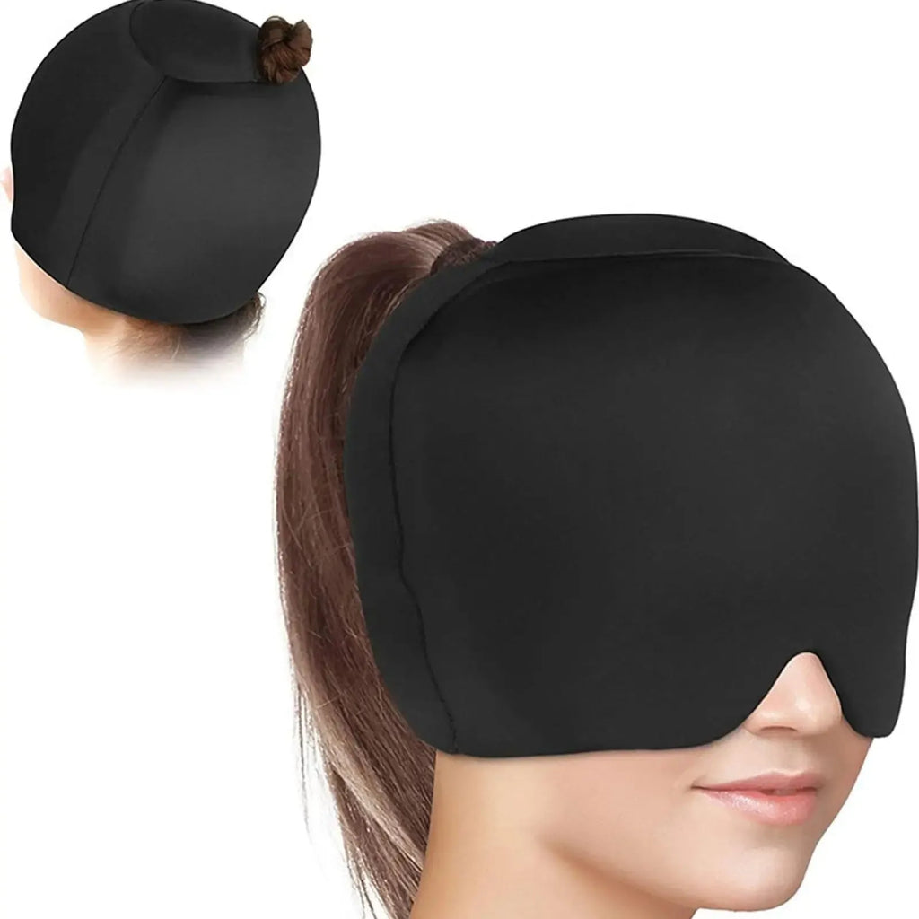 Solid colour fully enclosed cold compress cap in black, dark blue, or pink
