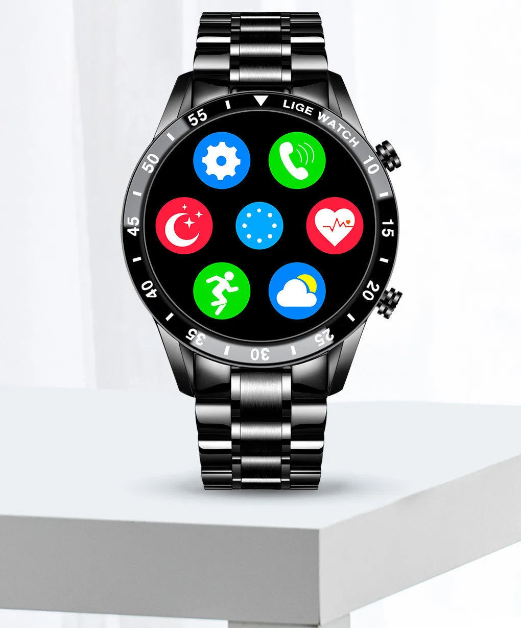 Smart watch with stainless steel wristband and 1.3-inch touchscreen display showing interface