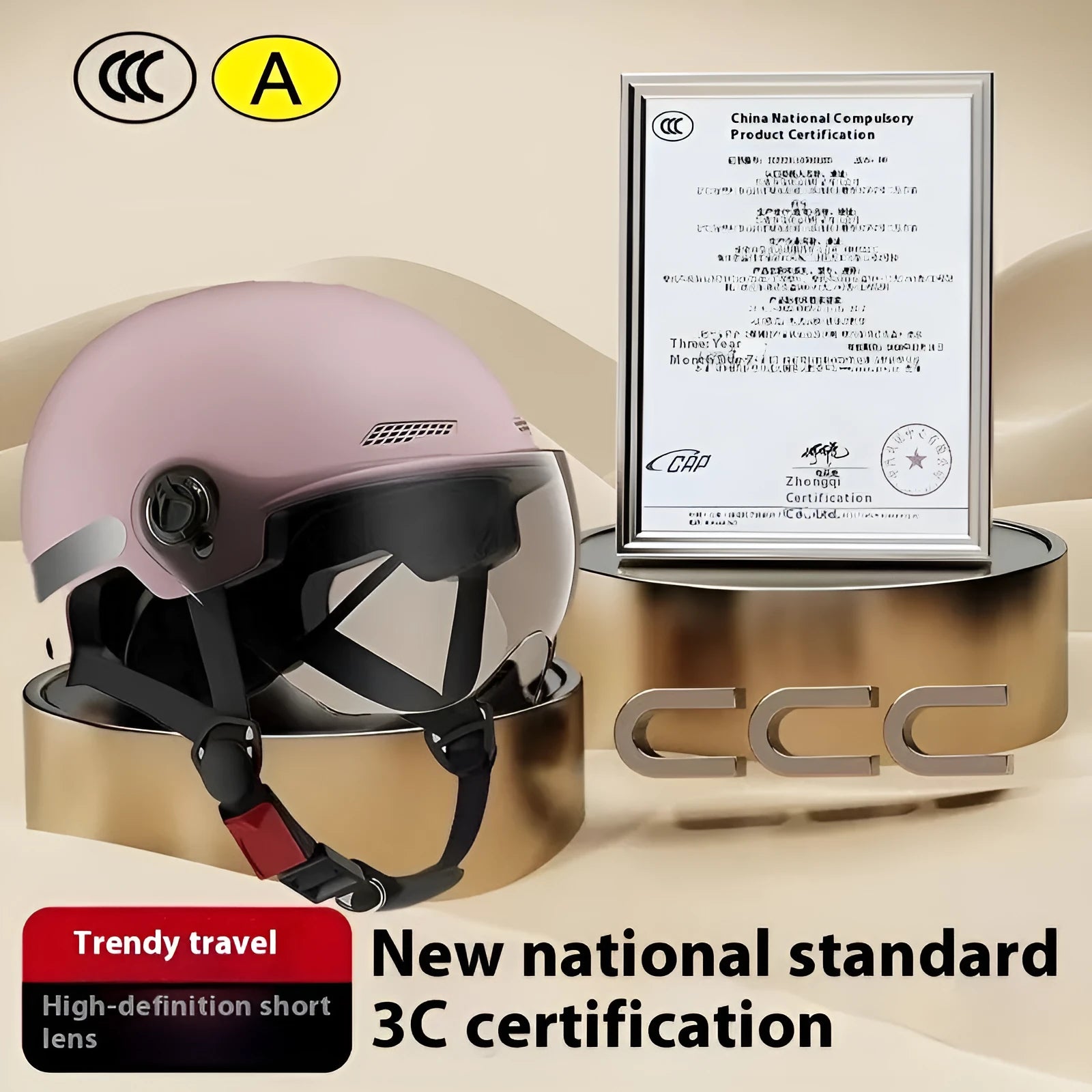 3C-certified polypropylene electric motorcycle helmet with sun protection shown in light pink colour.