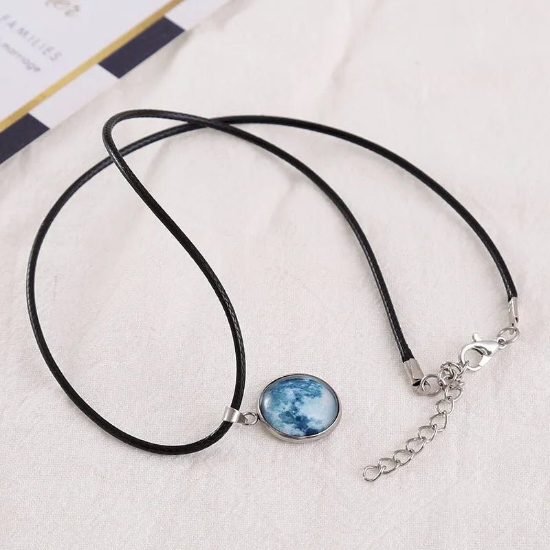 Time Stone Christmas Moon Night Sky pendant necklace with organic glass and luminous alloy on extension chain