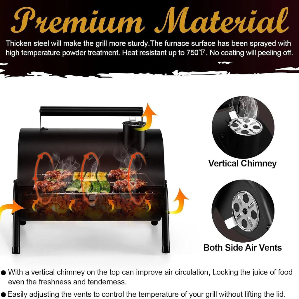 Small folding desktop charcoal barbecue grill stove for portable smoking and grilling.