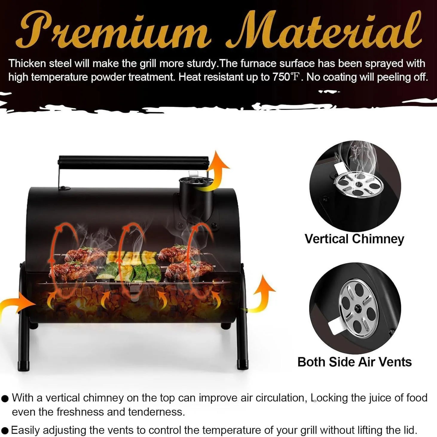 Small folding desktop charcoal barbecue grill stove for portable smoking and grilling.