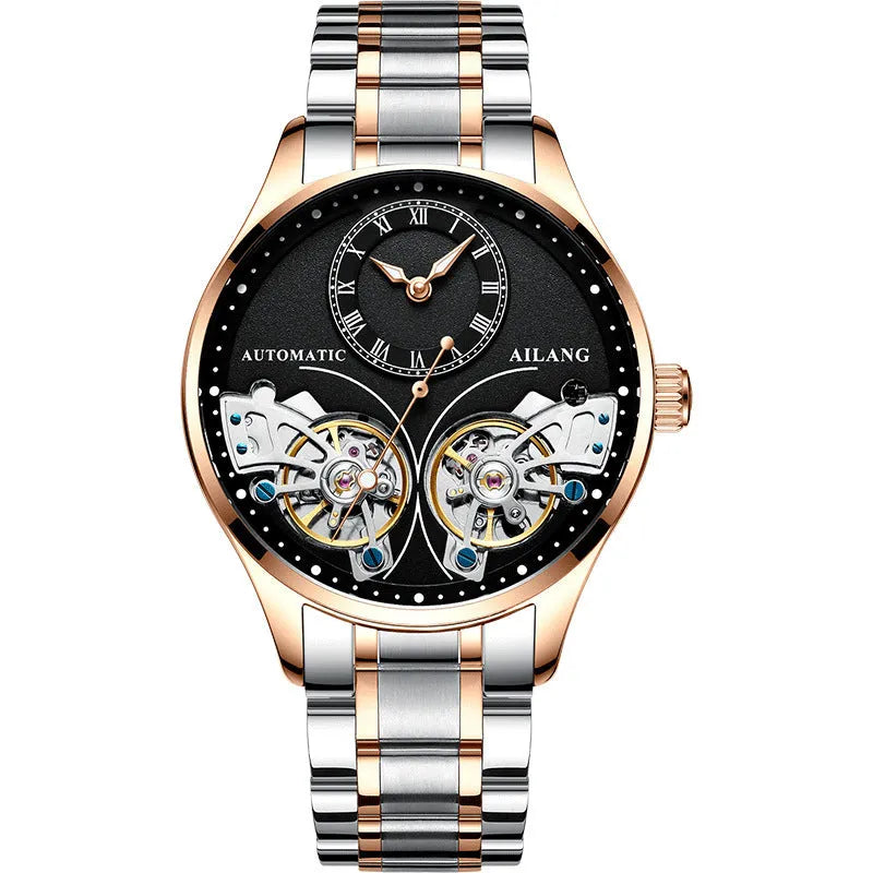 Men's automatic watch with tourbillon and moon phase on a metal case with a black dial.